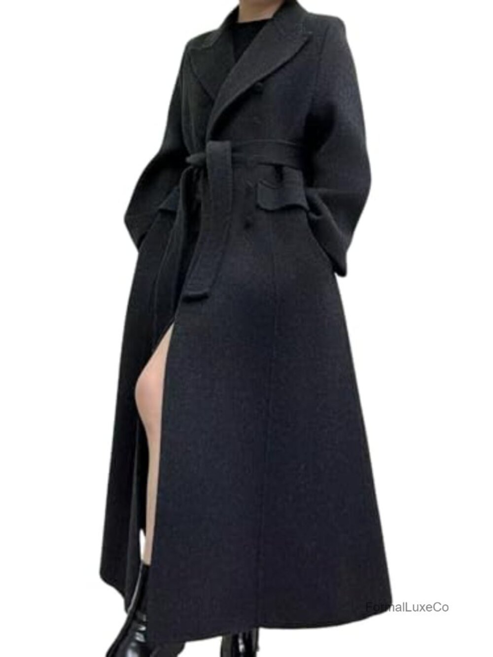 Long Winter Wool Blend Double Breasted Lapel Pea Trench Coat with Belt